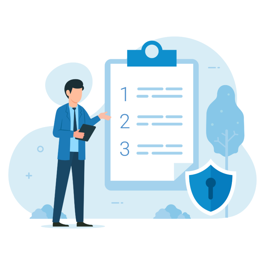 Illustration of a professional presenting a checklist on a clipboard with a security shield icon, symbolizing compliance, recruitment processes, and secure hiring practices.