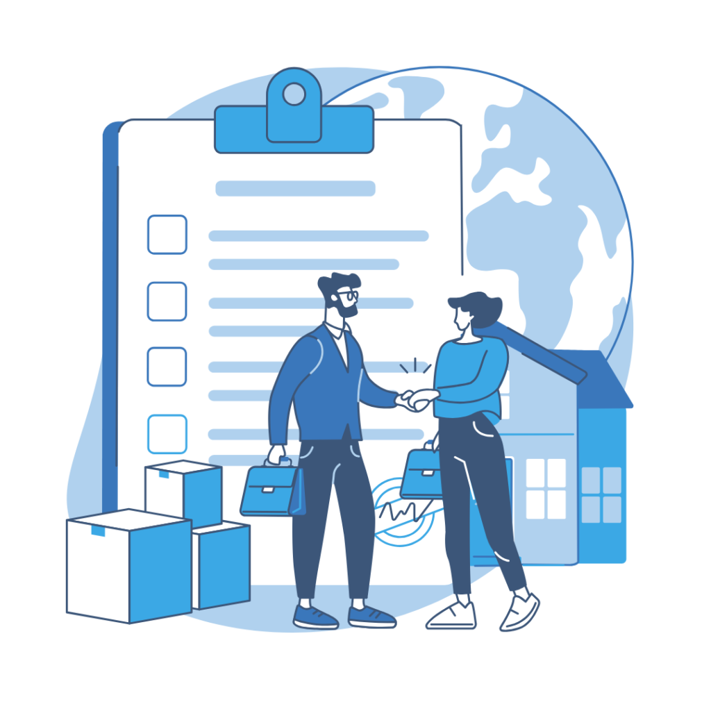 Illustration of two professionals shaking hands in front of a clipboard with a checklist, surrounded by boxes and a globe, symbolizing international recruitment and professional