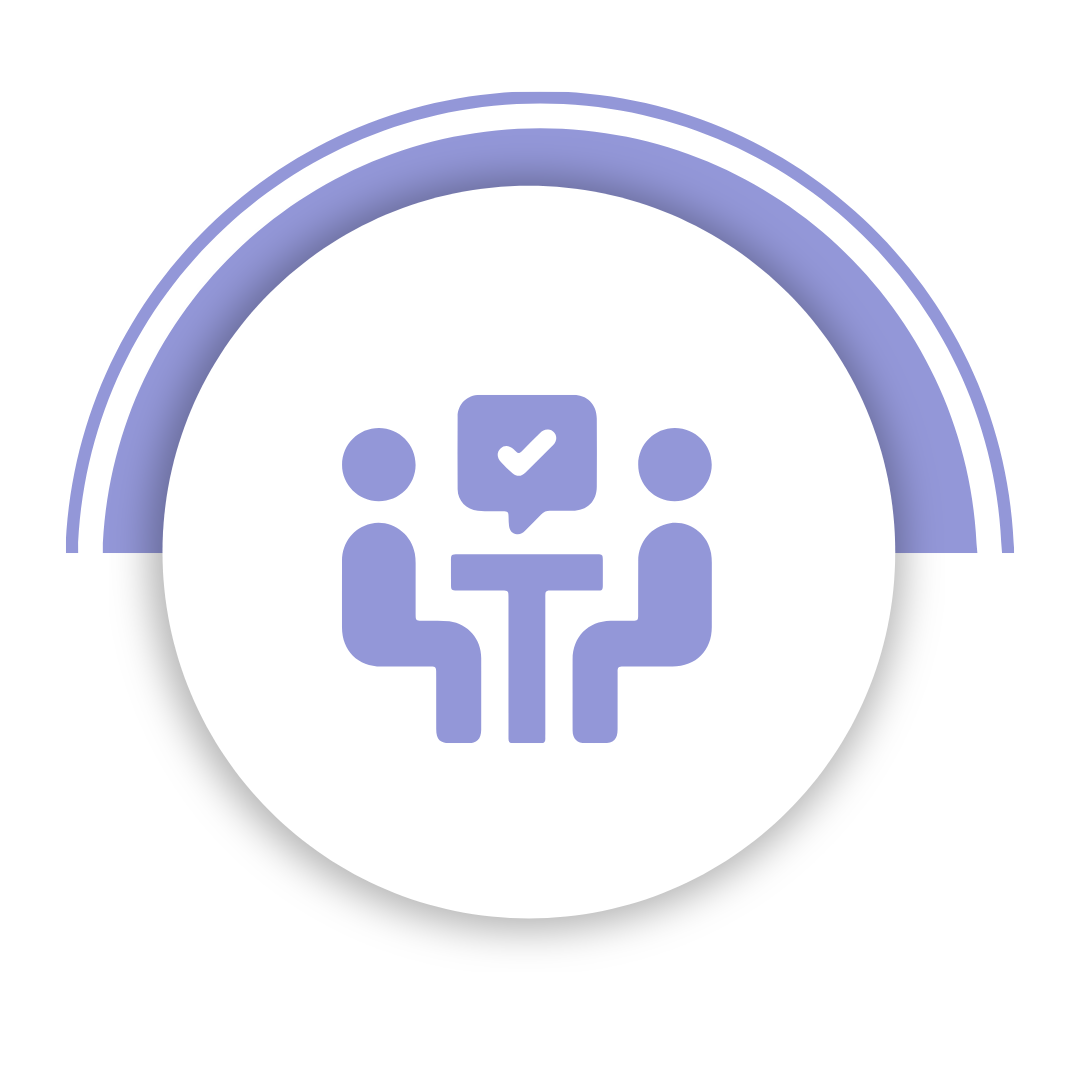 Icon of two people in a meeting, symbolizing recruitment agency services and talent acquisition for businesses in Belgium and Europe