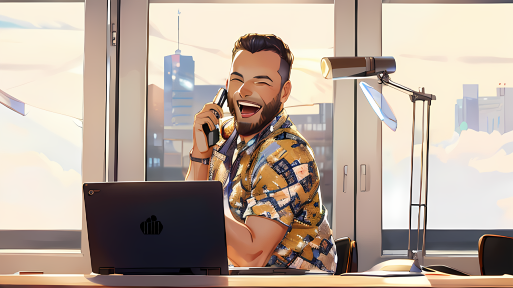 A cheerful professional in a vibrant shirt laughs while holding a phone in a brightly lit office with a laptop and desk lamp in the foreground. A cityscape is visible through the large windows behind him, glowing in the warm light of sunrise or sunset.