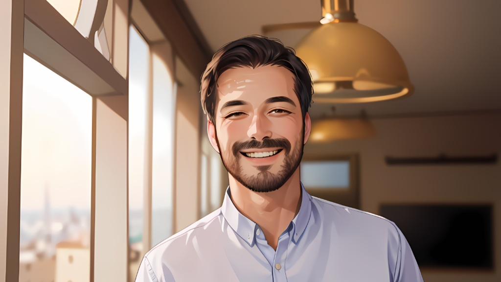A confident professional smiling warmly in a modern office setting, showcasing the human-centered approach of recruitment services in Belgium and Europe