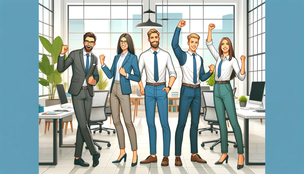 A vibrant team celebrating success in a modern office, symbolizing effective collaboration and recruitment excellence in Belgium and Europe