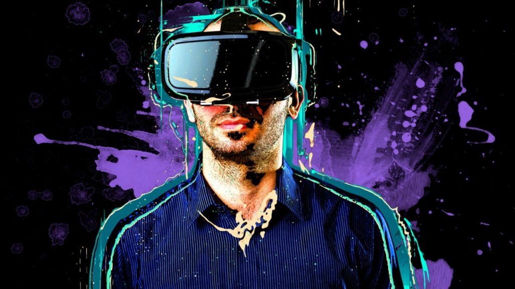 Man wearing a virtual reality headset, symbolizing innovation and technological advancements in recruitment and IT services