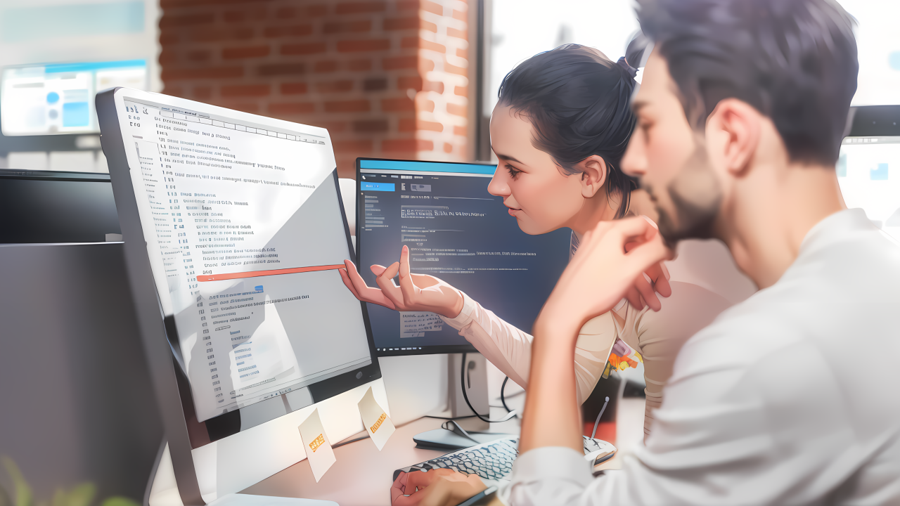 Professionals collaborating on a computer, symbolizing teamwork in IT recruitment and talent acquisition in Belgium and Europe