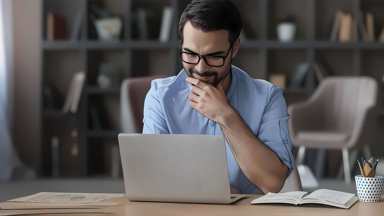 Thoughtful professional working on a laptop, symbolizing strategic recruitment planning and talent acquisition in Belgium and Europe