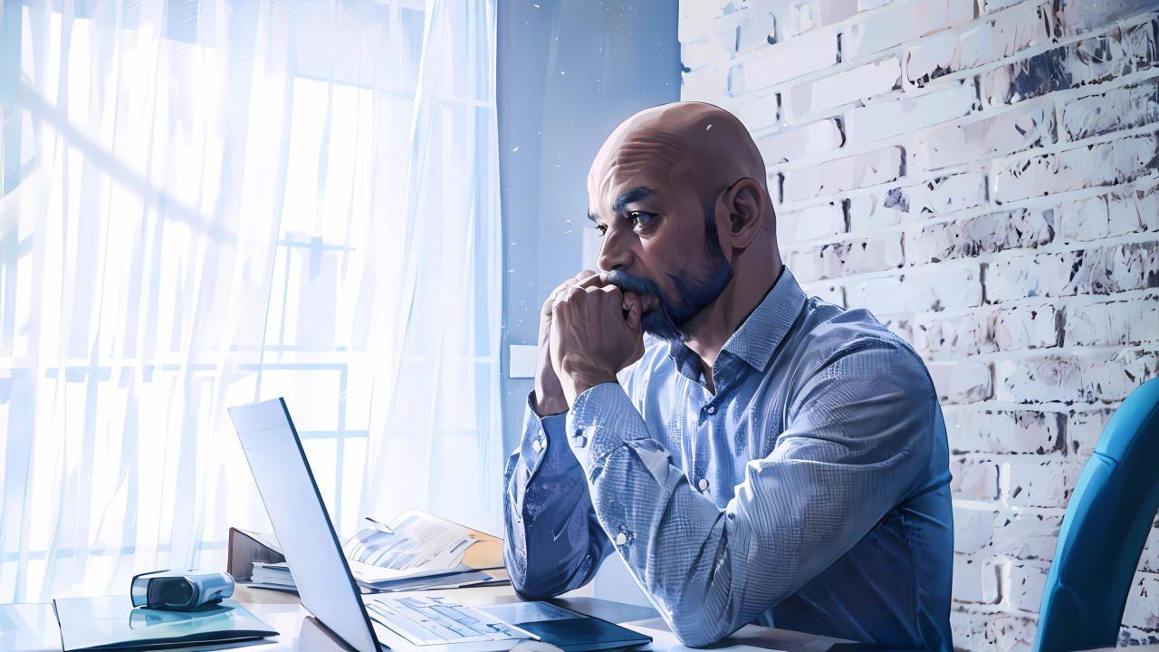 Thoughtful professional at a desk, symbolizing strategic recruitment and talent acquisition planning in Belgium and Europe