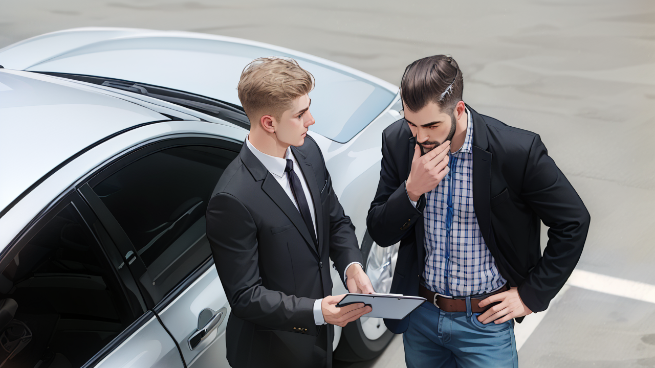 Two professionals in discussion near a car, symbolizing negotiation and recruitment strategy in Belgium and Europe