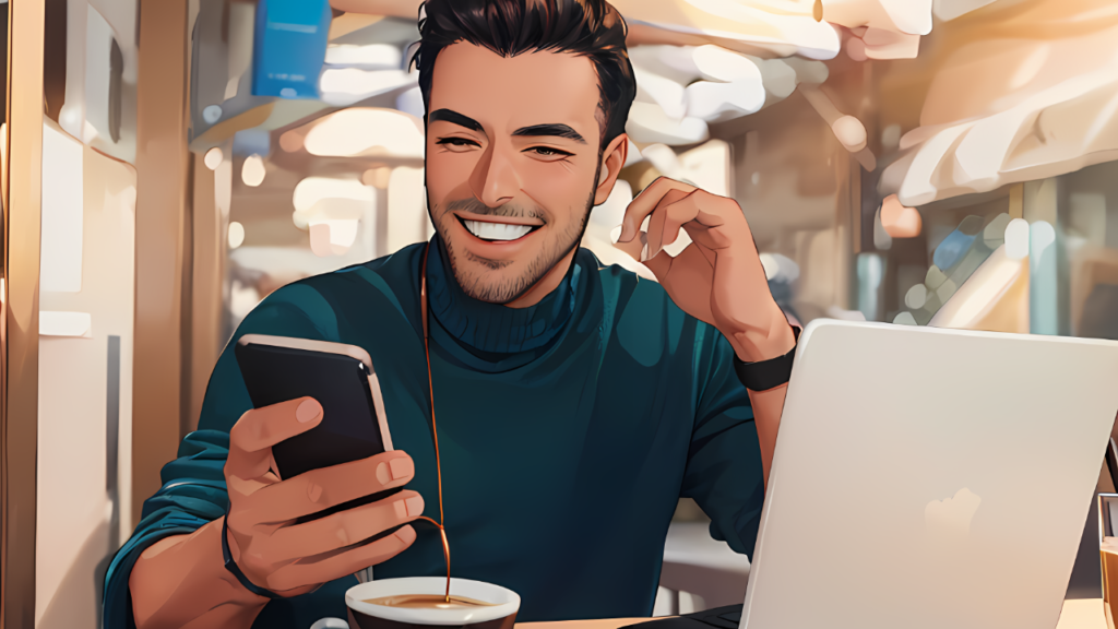 A cheerful man sitting at a café, holding a smartphone with earbuds connected, a coffee cup, and a laptop on the table, surrounded by a warm and lively ambiance.