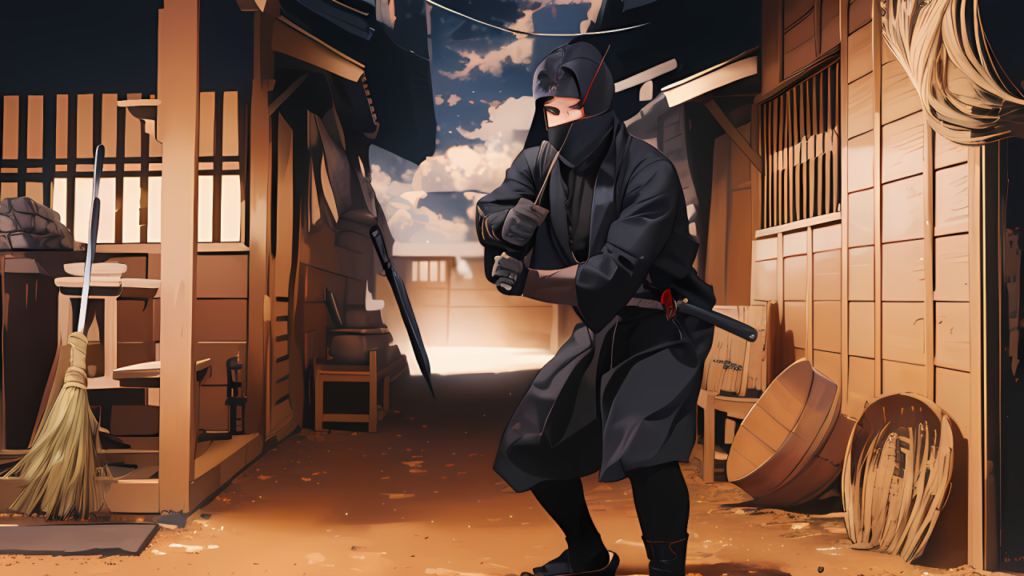 A ninja dressed in traditional black attire holds a weapon in a defensive stance in a rustic Japanese alley, surrounded by wooden structures and tools under the soft glow of a setting sun.
