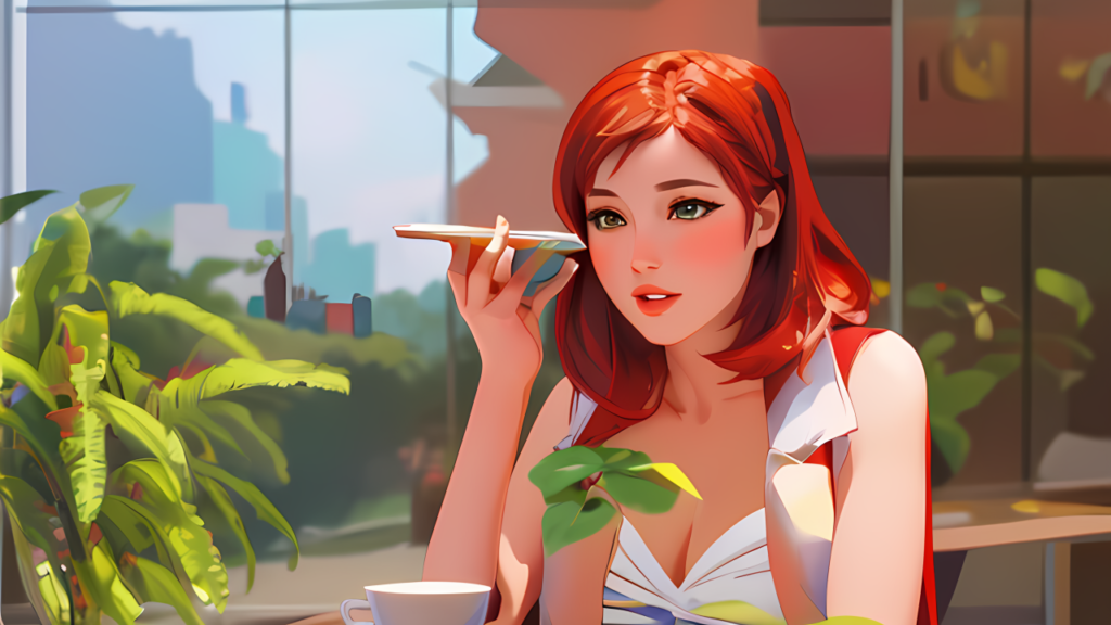 A professional woman with vibrant red hair sits in a serene, plant-filled cafe, holding a smartphone to her lips as if recording a voice message or conducting a casual voice chat.