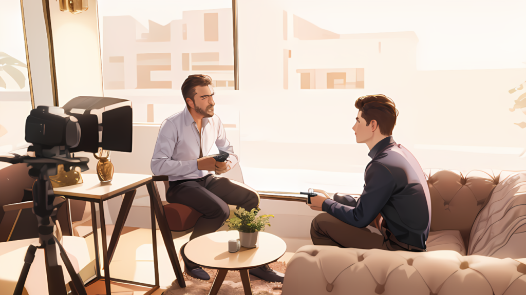 Two professionals engaged in a thoughtful discussion during a filmed interview, seated in a well-lit and modern office space. A camera is set up in the foreground, capturing the exchange.
