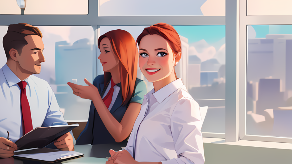 A professional woman smiling confidently in a bright office setting, while her colleagues engage in discussion in the background. The scene emphasizes collaboration, optimism, and a positive work environment.