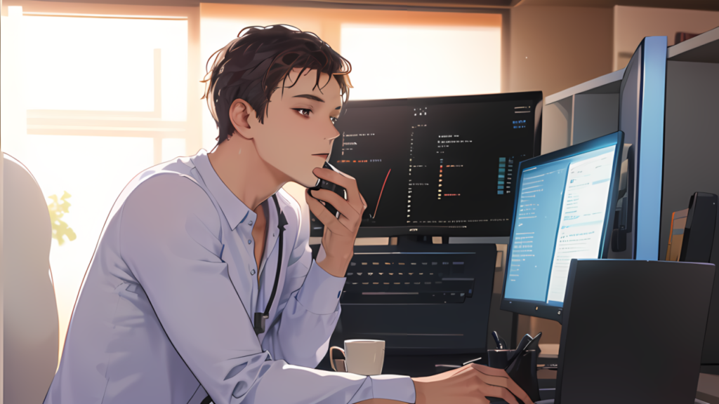 A focused IT professional working in a high-tech environment, analyzing data on multiple monitors, symbolizing the expertise and precision of IT recruitment services.